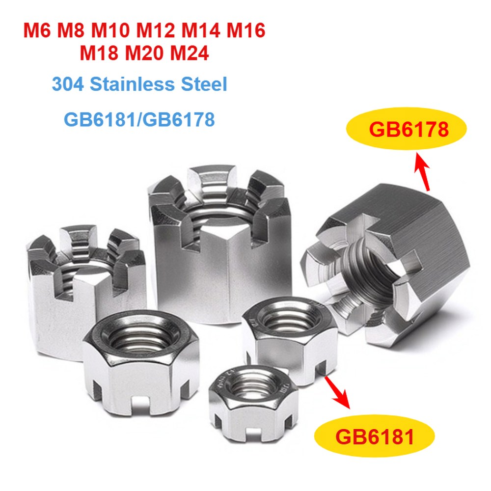 [오늘출발] GB6181/GB6178 304 스테인레스 스틸 M6 ~ M24 슬롯형 원형 잠금 육각형 헤드 육각형 슬롯형 캐슬 크라운