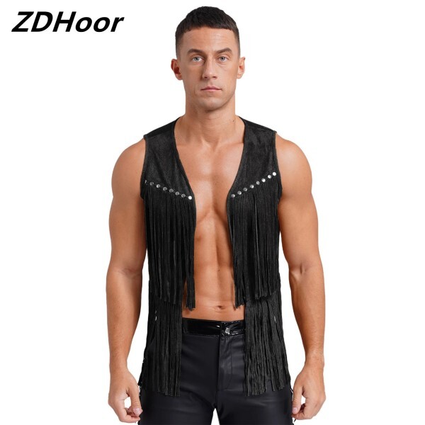 [오늘출발] 남성 가짜 스웨이드 술 조끼 서부 카우보이 조끼 패션 리벳 프린지 양복 조끼 오픈 프론트 민소매 자켓