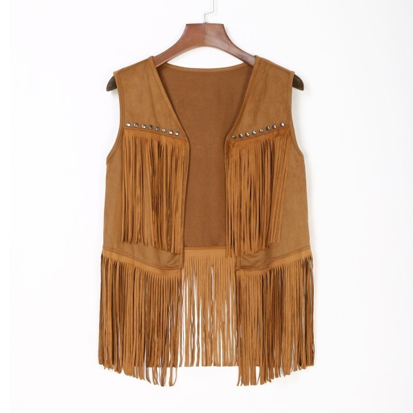 [오늘출발] 남성 레트로 서부 카우보이 코스프레 의상 조끼 가짜 스웨이드 술 패션 리벳 프린지 양복 조끼 오픈 프론트