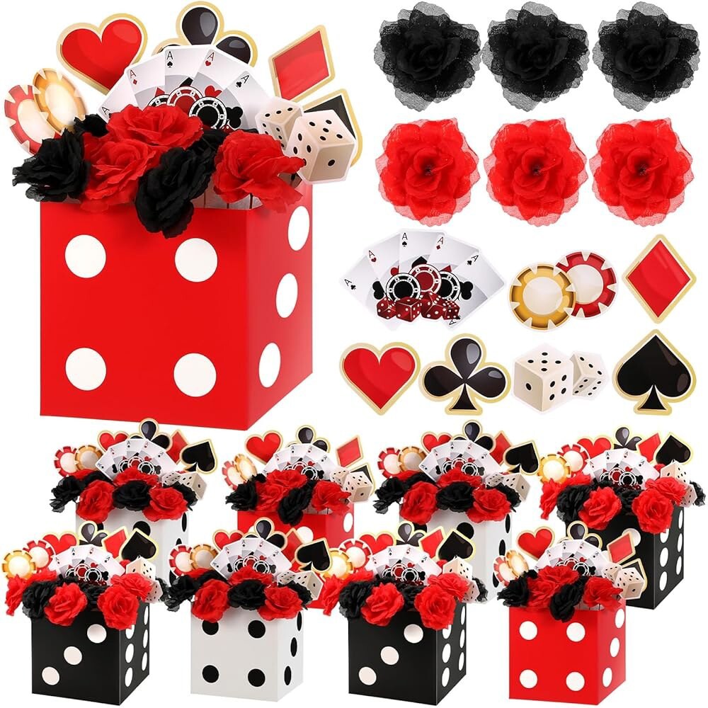 [오늘출발] WinnerWhy 8세트 카지노 파티 장식 포커 테마 테이블 센터피스 토퍼 레드 블랙 플라워 주사위 상자 컷아웃