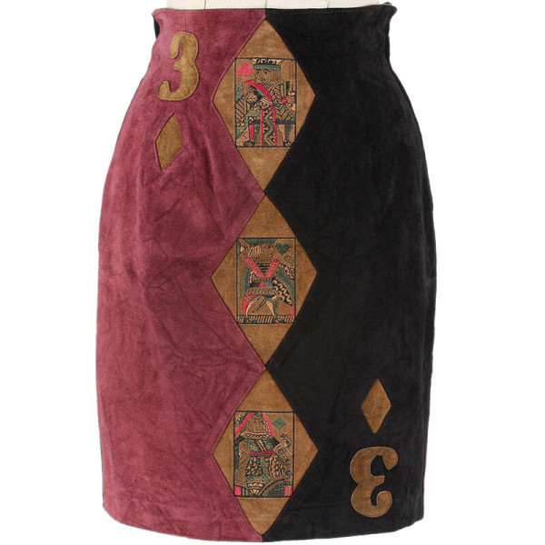 블루리본 배색 소가죽 컬러블록 포커 카드 자수 패치 아가일 다이아 패턴 패치워크 비대칭 언발 H라인 미니 숏 치마