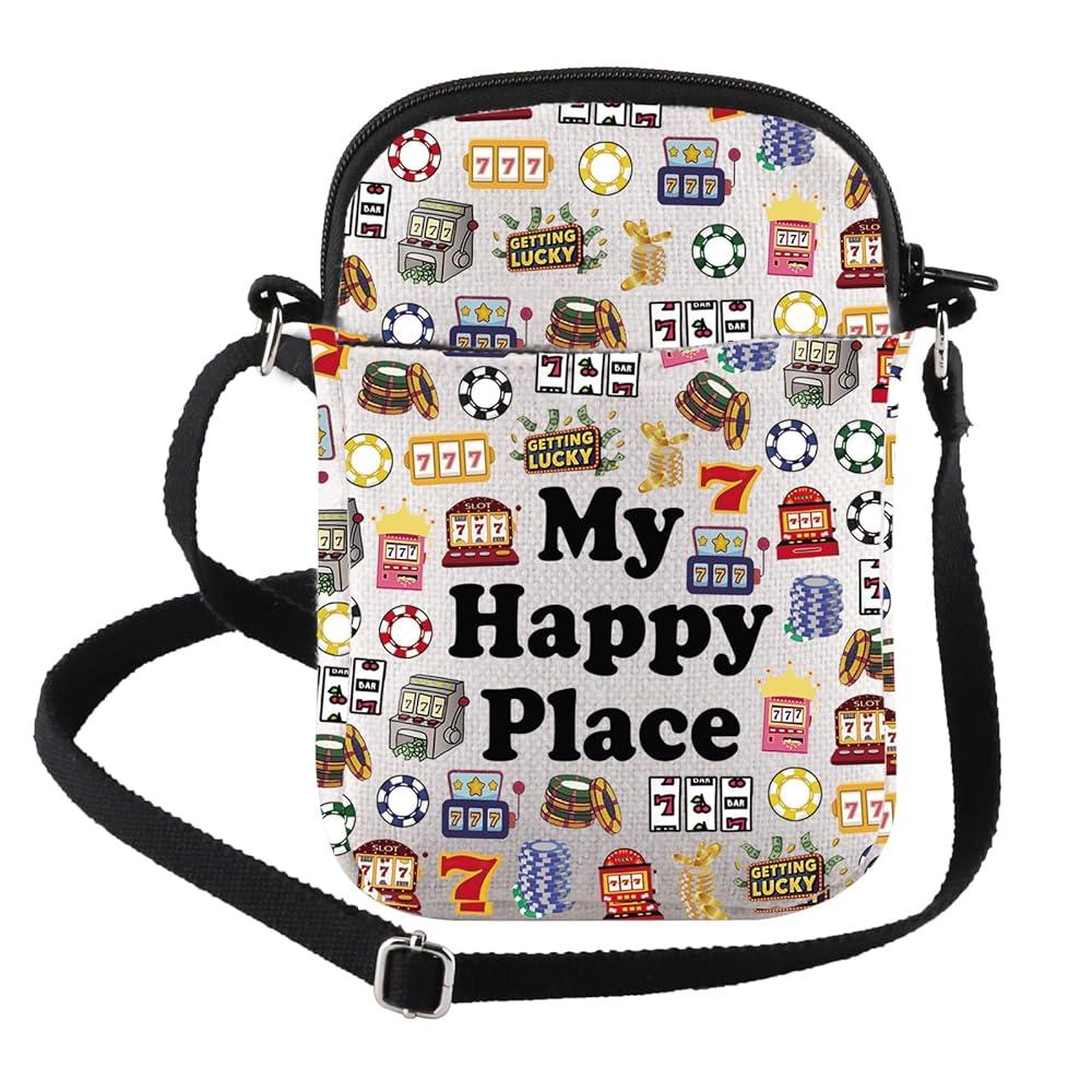 FEELMEM 카지노 애호가 선물 갬블러 선물 My Happy Place Lucky 777 잭팟 카지노 슬롯 머신 크로스바디 백