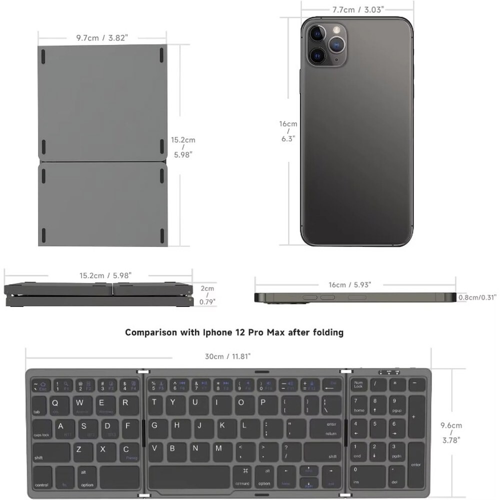 접이식 무선 키보드 독일어 스페인어 영어 USBC 충전식 태블릿 휴대용 패드 숫자 노트북 여행 키패드