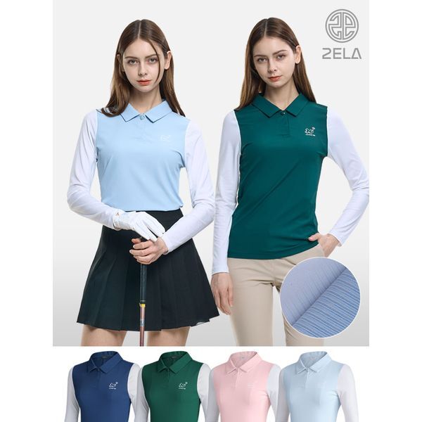 이지바이 하프클럽/투엘라 러블리샷 여성 데일리 골지 냉감 소매배색 긴팔 카라 티셔츠