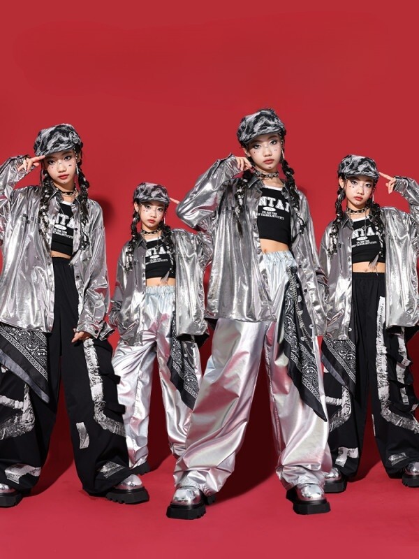 코드루이스 실버 힙한 방송댄스복 초등 걸스힙합 스우파 은색 셔츠 자켓 광택 의상