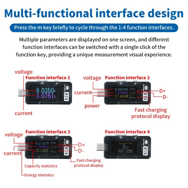 로로구대U15/U16 고속 충전 테스터 DC4-25V 5A 타입-C/USB-A PD/QC2.0/QC3.0 고정밀 전압 전류 검사 프로