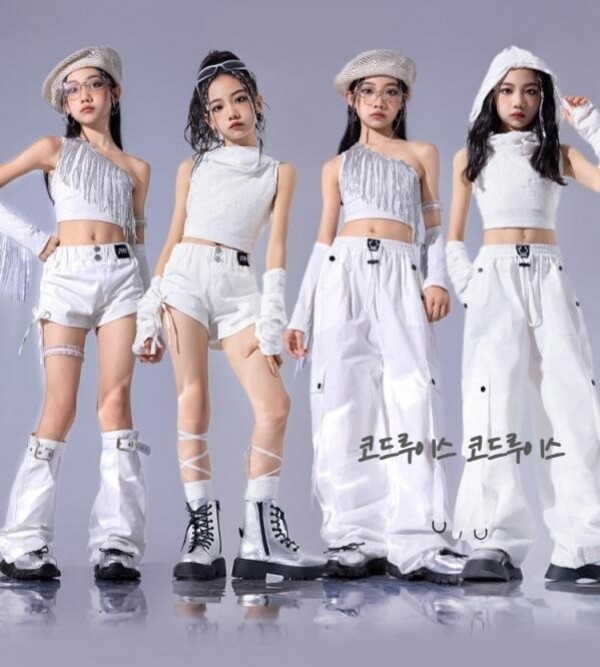 코드루이스 화이트 초등 방송댄스복 태슬 실버 공연복 아동 걸스힙합 의상 치어리더