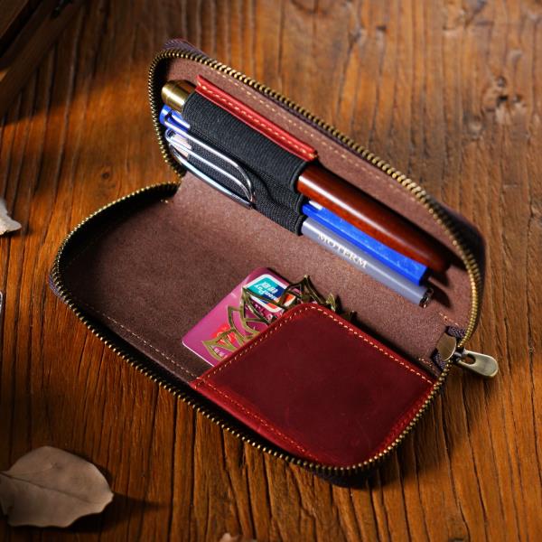 [오늘출발]휴대용 크레이지 호스 가죽 지퍼 필통 레트로 펜 파우치 학생용 소가죽 필기구 가방 (펜 슬롯 3개 포함)