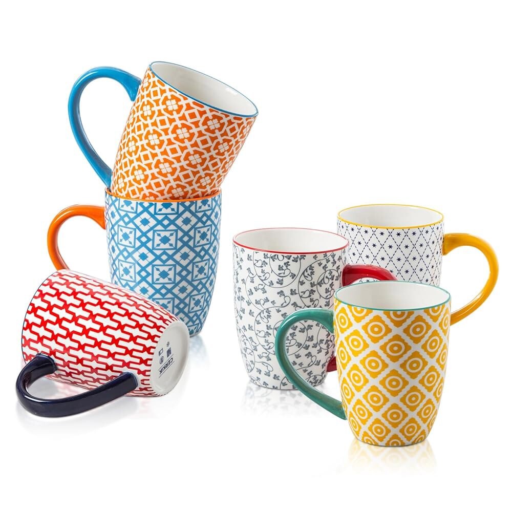 세르킥 세라믹 커피 머그 세트 - 여성용 손잡이가 달린 16온스 대형 도자기 티컵 남성용 라떼 카푸