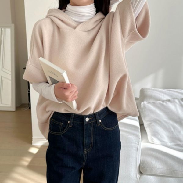 엠로트 여성 데일리 니트 골지 무지 가디건 겨울 부드러운 빅사이즈 루즈핏 후드 캐주얼 베이직 심플한 스