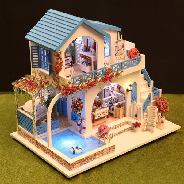 [오늘출발] 중국 레고DIY 블루 화이트 타운 빌라 3D 나무 퍼즐 해안 스타일 수제 조립 모델 미니어처 하우스 창의적인