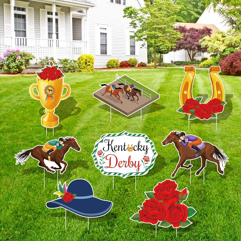 Arosche 켄터키 장식 더비 야드 표지판 8피스 말뚝 포함 파티 용품 장미를 위한 달리기 경마 모자 실내 실