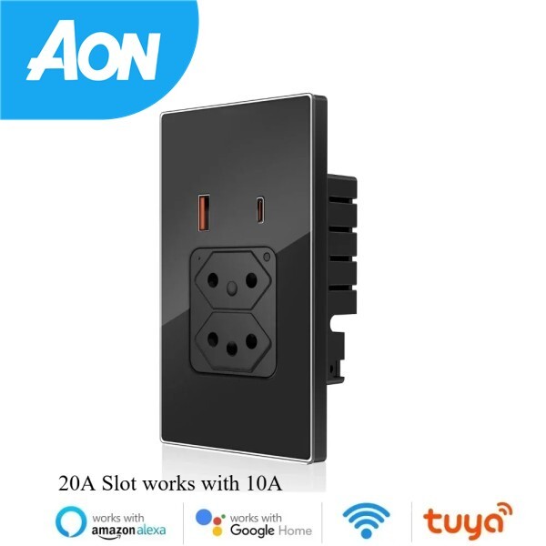 [오늘출발]Shawader Tuya 브라질 플러그 20A 슬롯 WIFI 벽 소켓 USB Type-C PD 30W 스마트 콘센트 유리 패널 음성 원