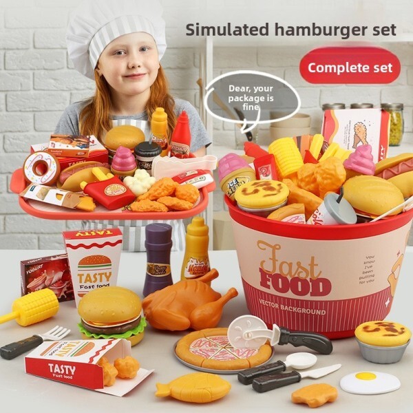 [오늘출발] 아이 주방 장난감 세트 시뮬레이션 햄버거 피자 튀김 만들기 음식 요리 절단 게임 몬테소리 대화 형 선물