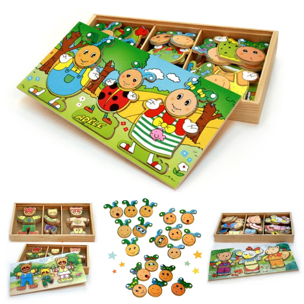 [오늘출발] 원목 옷입히기 너구리가족 동물친구들 무당벌레 나무퍼즐 인형놀이 목재 장난감 어린이 유아