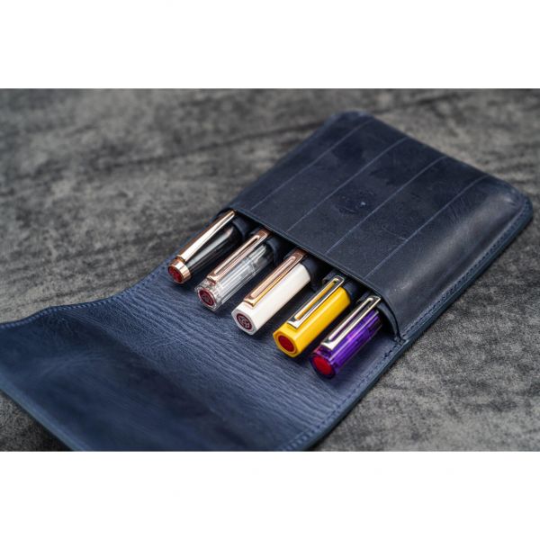 Galen Leather FIve Slot Flap Pen Case in Crazy Horse Navy Blue - NEW