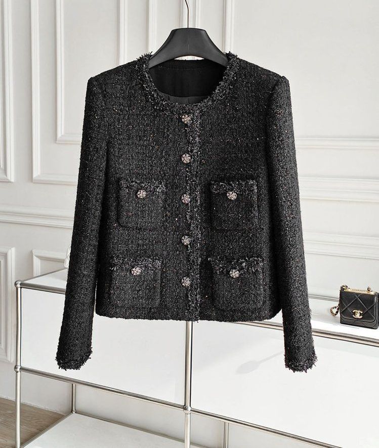 고급 홍콩 수입보세의류 여성 명품스타일 핸드메이드 레이스 블랙 싱글 트위드자켓