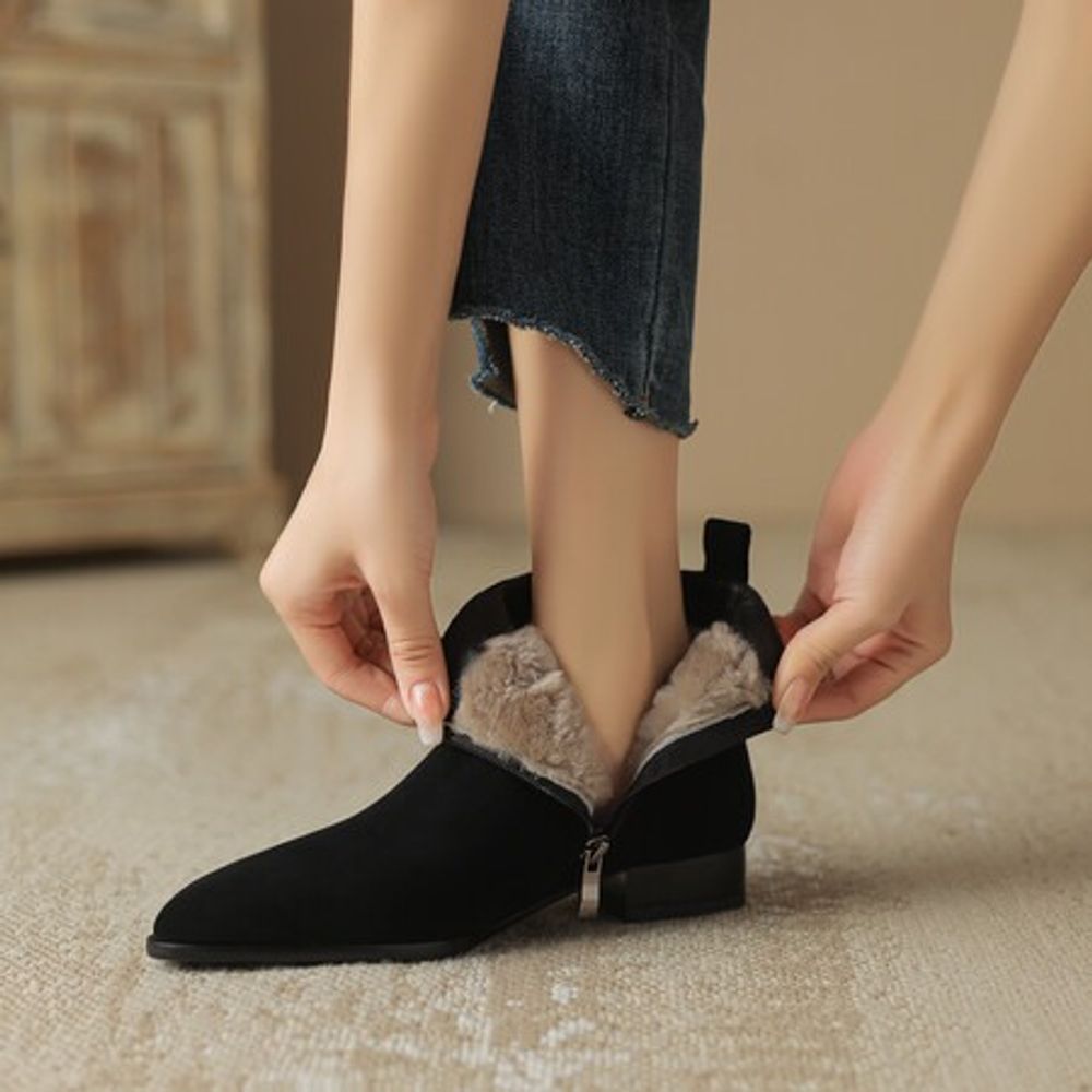 심쿵 여성 펌프스 5.5CM 스크럽 양가죽 뾰족코 고양이와 털부츠 겨울 기모 보온 OP4