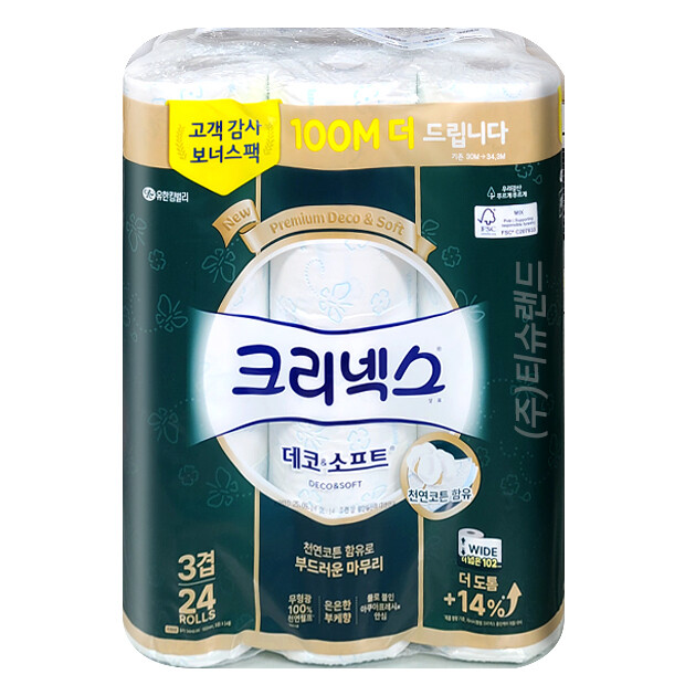 [오늘출발] 크리넥스 3겹 화장지 데코소프트 와이드 3겹 24롤 x1개 부케향 (지폭 102mm X 길이34m)