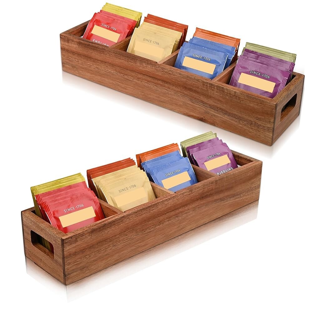 [오늘출발] 4개의 슬롯이 있는 치빌라 아카시아 우드 티백 정리함 홀더와 티 정리함 조리대용 설탕 패킷 보관함 (2개)