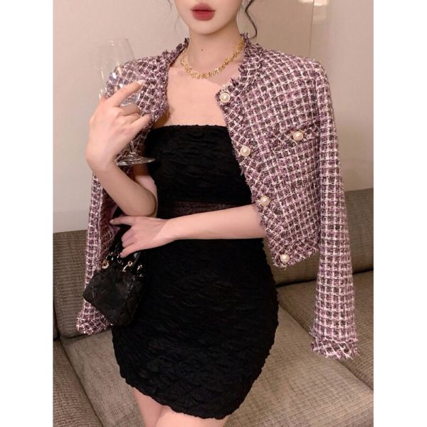 깔끔한 여성 여성용 격자 무늬 라운드 넥 우아한 캐주얼 시티 짧은 레귤러 재킷 코트 2210035 J