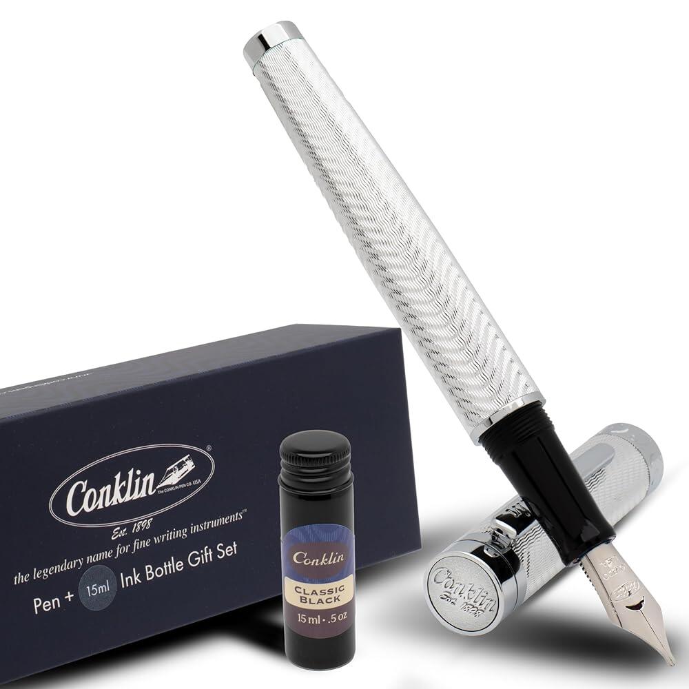 Conklin 헤링본 시그니처 만년필 실버 파인 펜촉 + 무료 15ml 잉크 병 - 작가 수집가 전문가를 위한 프리