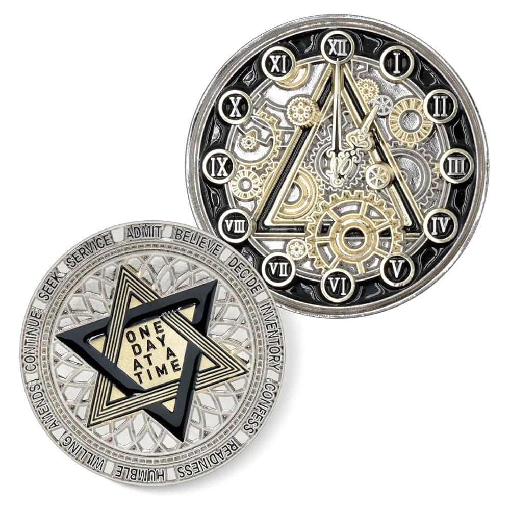 12 Steps CLOCK 락 Sobriety COIN 코인 AA 코인 음주 칩 메달리온 시계 및 기어 디자인 한 번에 하루 알