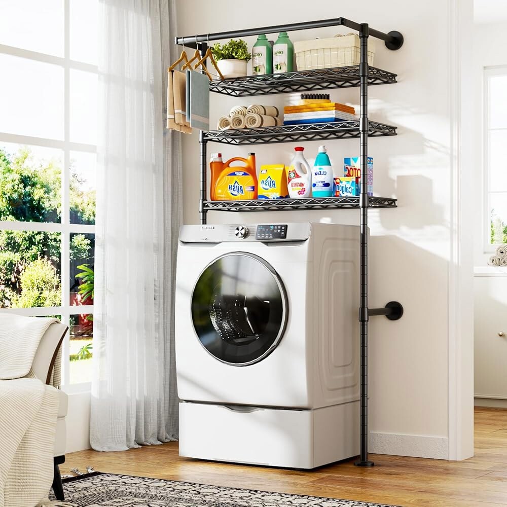 [오늘출발] 세탁기 및 건조기 보관 선반 위에 벽걸이형 ULIFHOME U17 행거 로드가 있는 또는 세탁실 랙 미이동 35인치