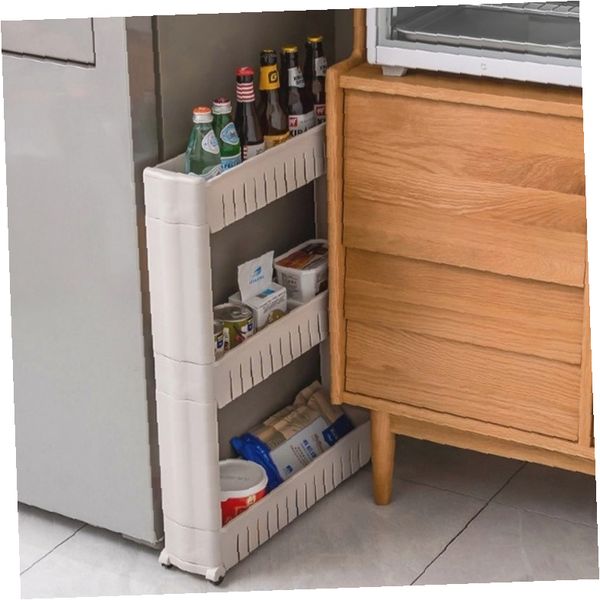 주방 틈새 수납장 이동식 바퀴 선반 냉장고 사이 양념 보관함 화이트