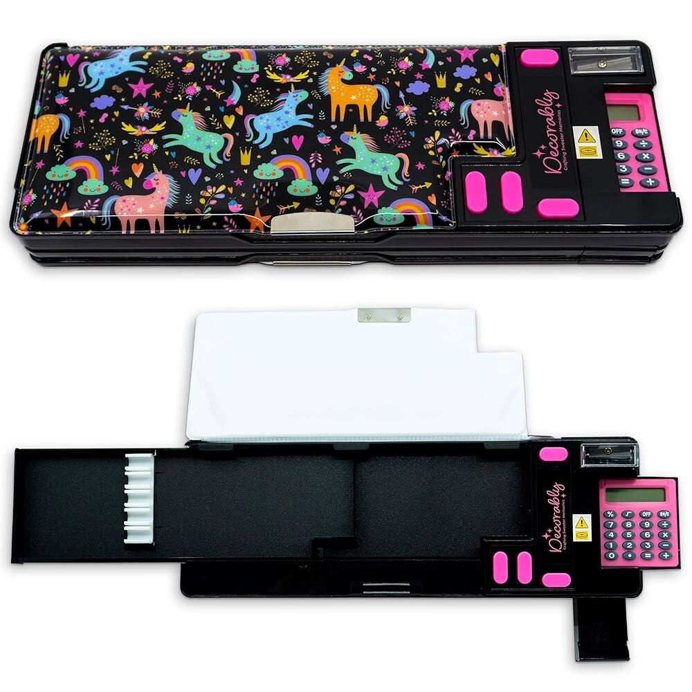 [오늘출발] 수납공간 계산기 샤프너 펜 슬롯 및 미니 서랍이 있는 장식용 유니콘 팝업 필통 - 2개의 주요 수납공간이