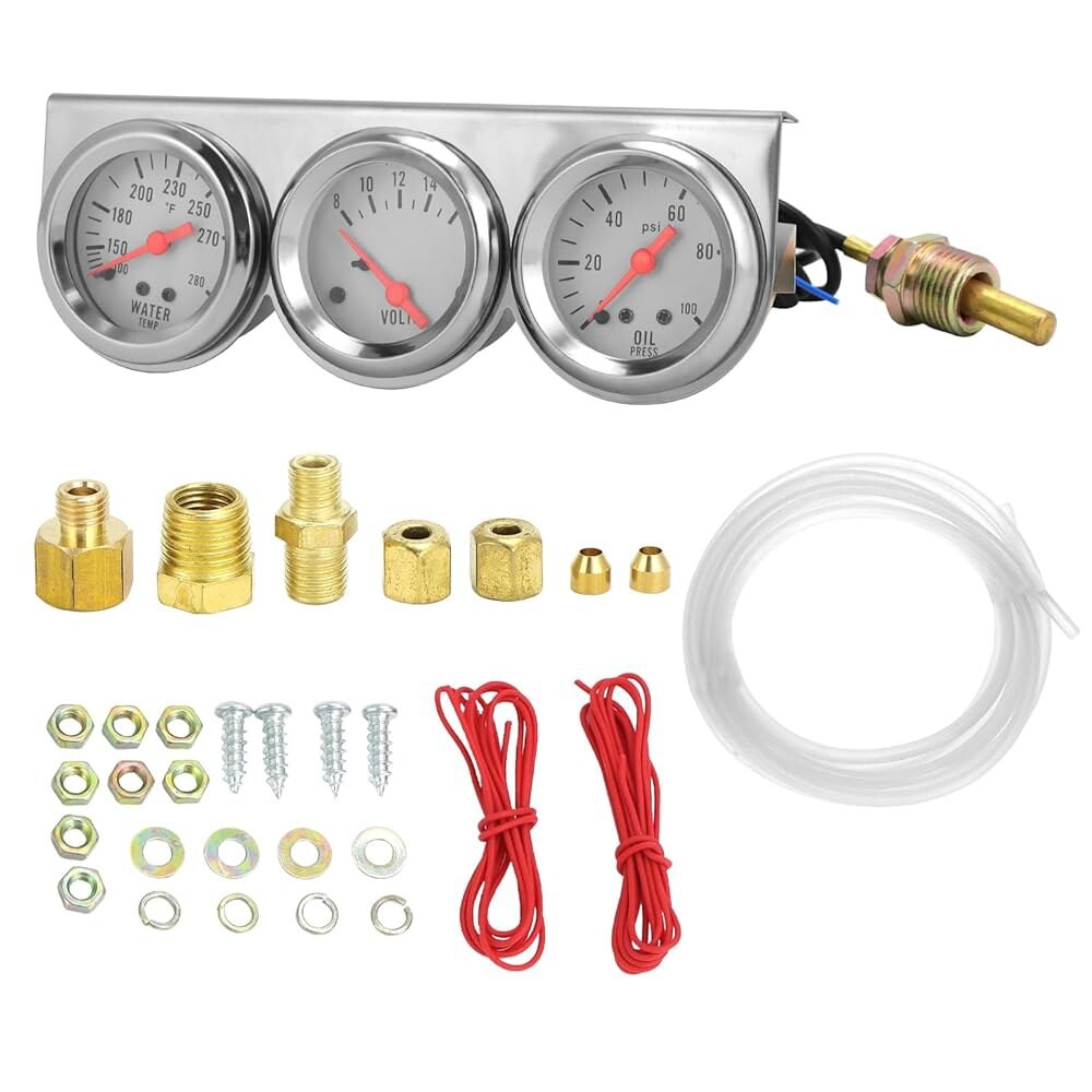 [오늘출발] [해외] QWORK 2인치 52MM 트리플 게이지 키트 전압계 수온 오일 압력 크롬 하우징 화이트 페이스 레드 니들 핫로드