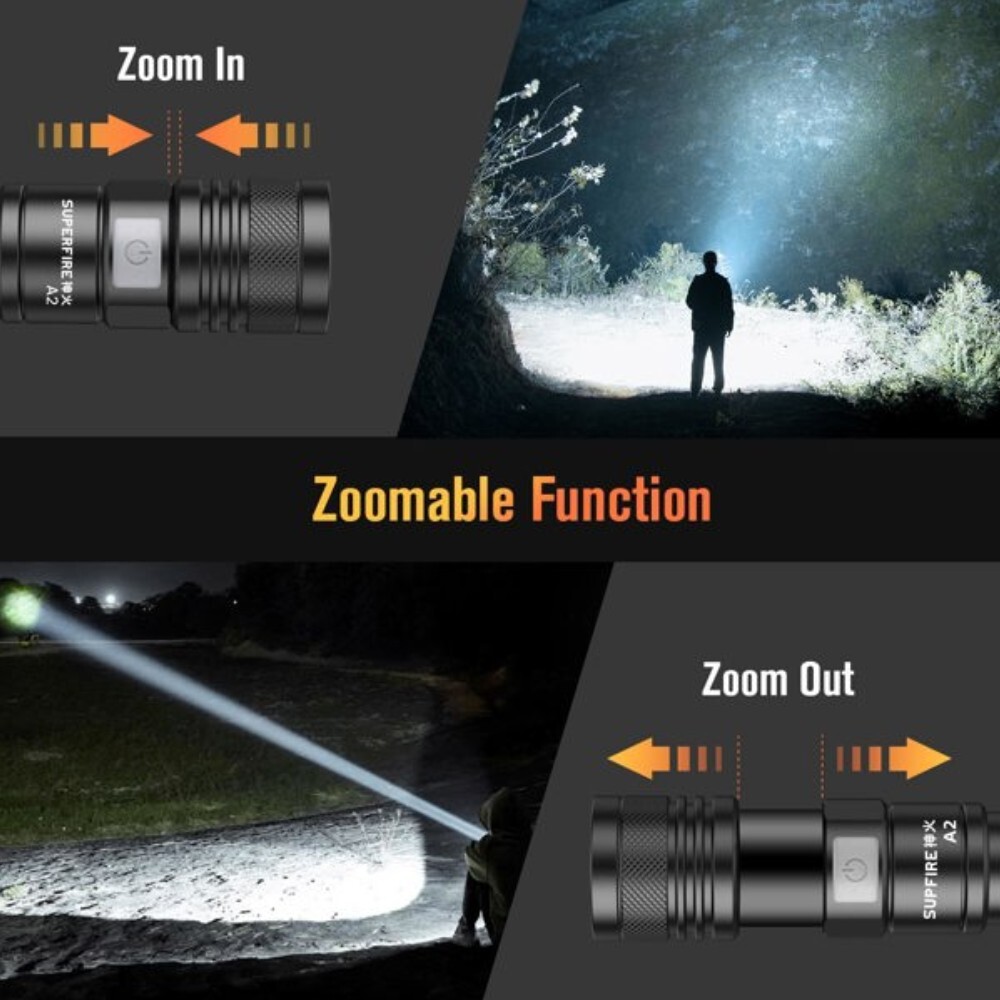 [오늘출발] SUPERFIRE A2 15W 슈퍼 밝은 손전등 Led 충전식 줌 토치 미니 알루미늄 합금 빛 휴대용 낚시 캠핑 랜턴
