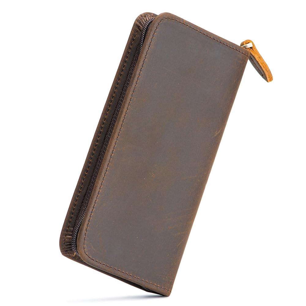 만년필 케이스 3개의 분할 슬롯 크레이지 호스 가죽 펜 홀더 롤러볼 펜용 수제 디스플레이 지퍼 파우치 -