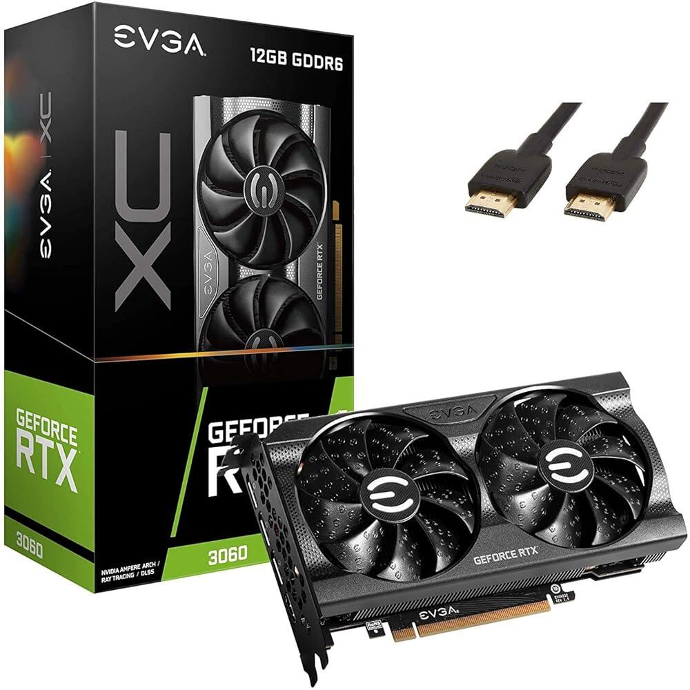 EVGA GeForce RTX 3060 XC 게이밍 12GB GDDR6 12G-P5-3657-KR 금속 백플레이트 HDMI 케이블 번들 듀얼