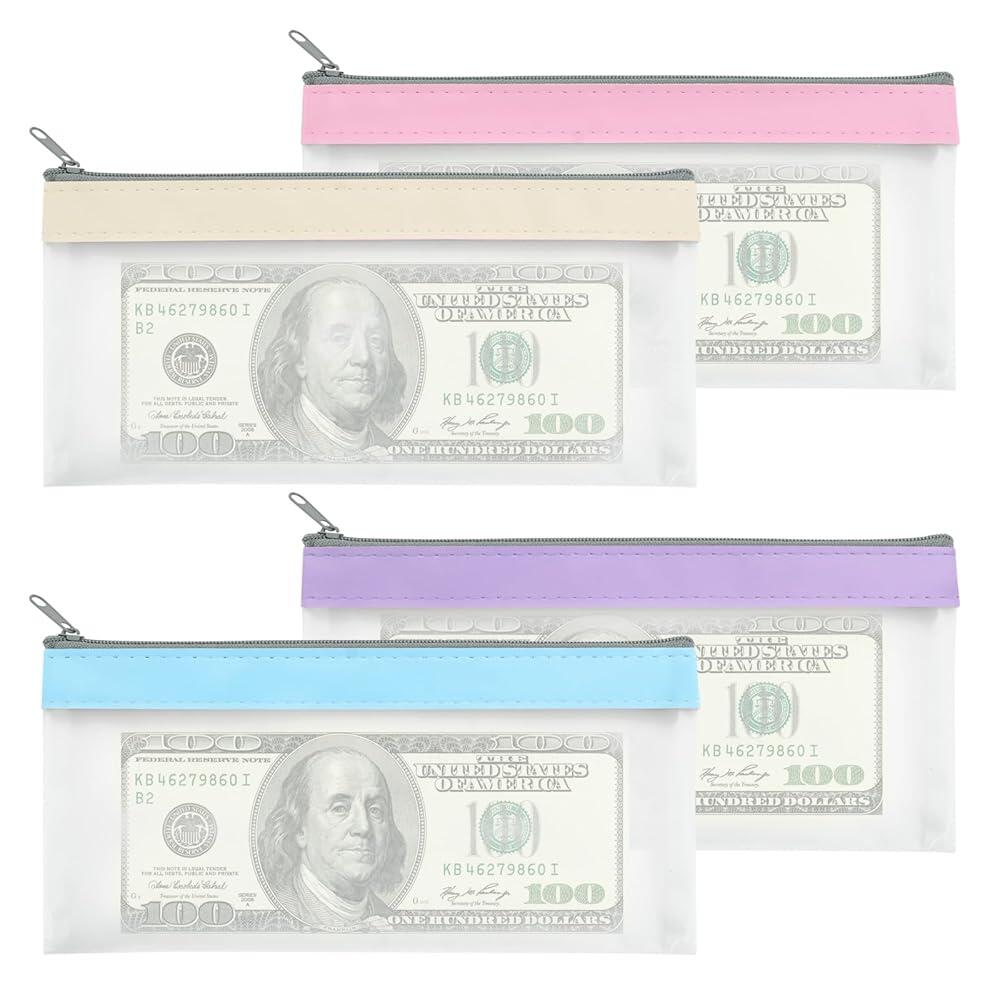 지퍼가 달린 머니 백 재사용 가능한 투명 현금 봉투 4개 은행 예금 가방 4가지 색상 다목적 파우치 화