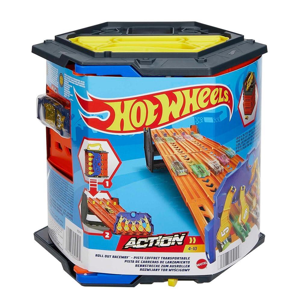 [해외] Hot Wheels 트랙 빌더 액션 롤 아웃 레이스웨이 5개의 레인 경마장 및 장난감 보관 버킷이 있는 트랙 세
