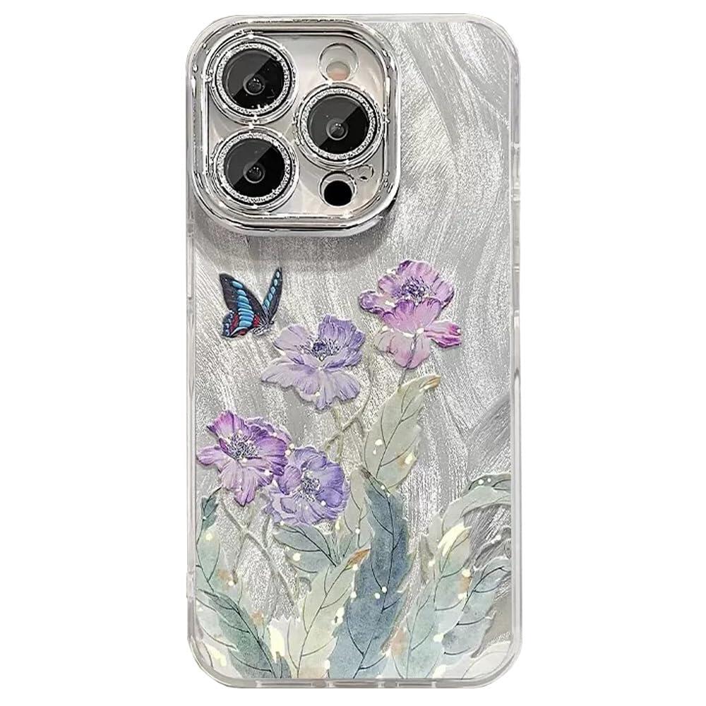 LALAPOPO 아이폰 16 프로 맥스용 귀여운 폰 케이스 퍼플 플로럴 블루 나비 디자인 실버 하드 백 쉘 + 투명