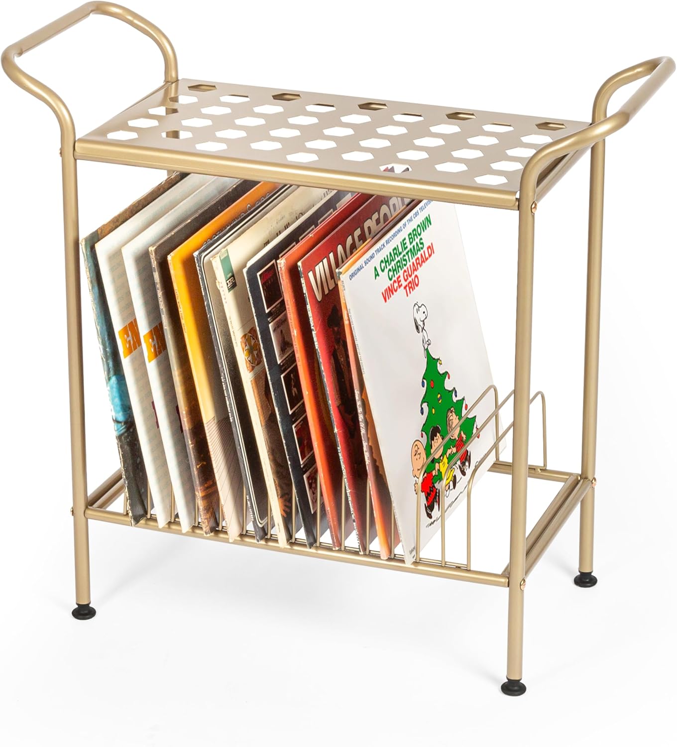 [오늘출발] 일리야파 2단 레코드 플레이어 스탠드 - 골드 메탈 선반 포함 14개 슬롯이