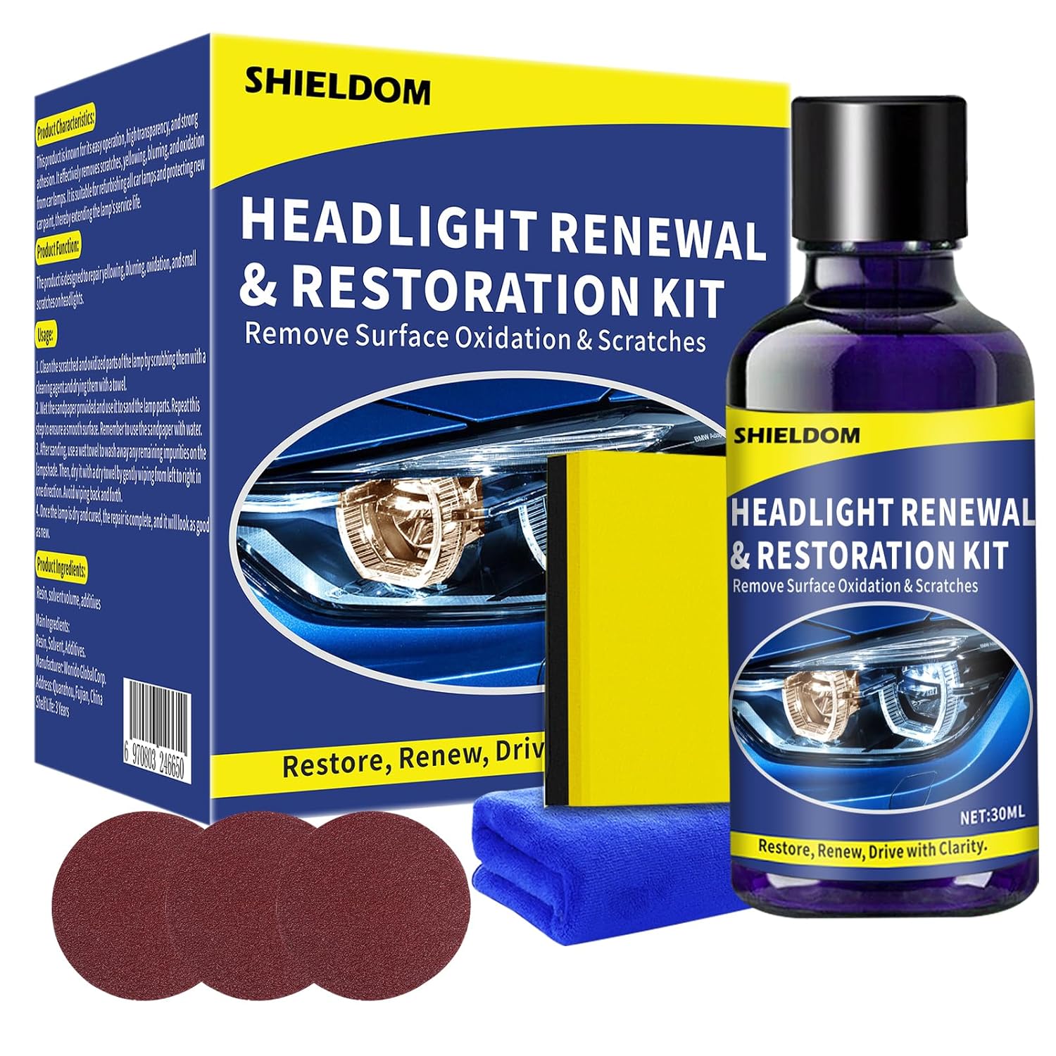 [오늘출발] SHIELDOM 자동차 세라믹 헤드라이트 복원 키트 전문가용 산화 제거 헤드램프
