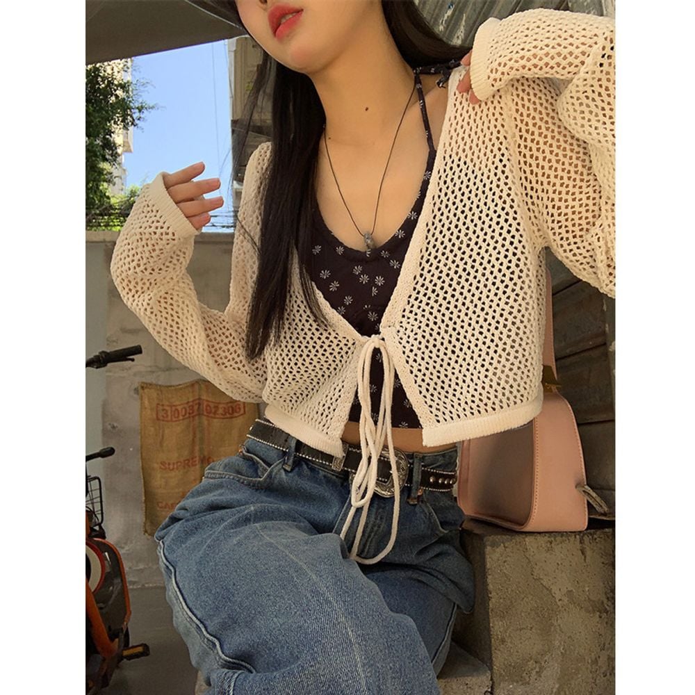 여성 망사 그물 시스루 실루엣 브이넥 크롭 가디건 여성가디건 카디건 볼레로 가디건mkw7+1lvh