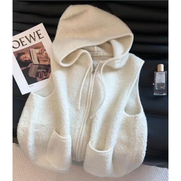 여성용 램스울 베스트 가을 겨울 고급스러운 양털 후드 조끼 상의 루즈핏 후이스 민소매 나시 코트 캐주얼