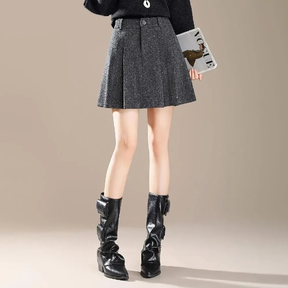 [해외] 다빈 호빵걸 여자 키작녀 쉬폰 스커트 그레이 모직 플리츠 추동 하이웨스트에 부츠 노출 A라인 꾹4