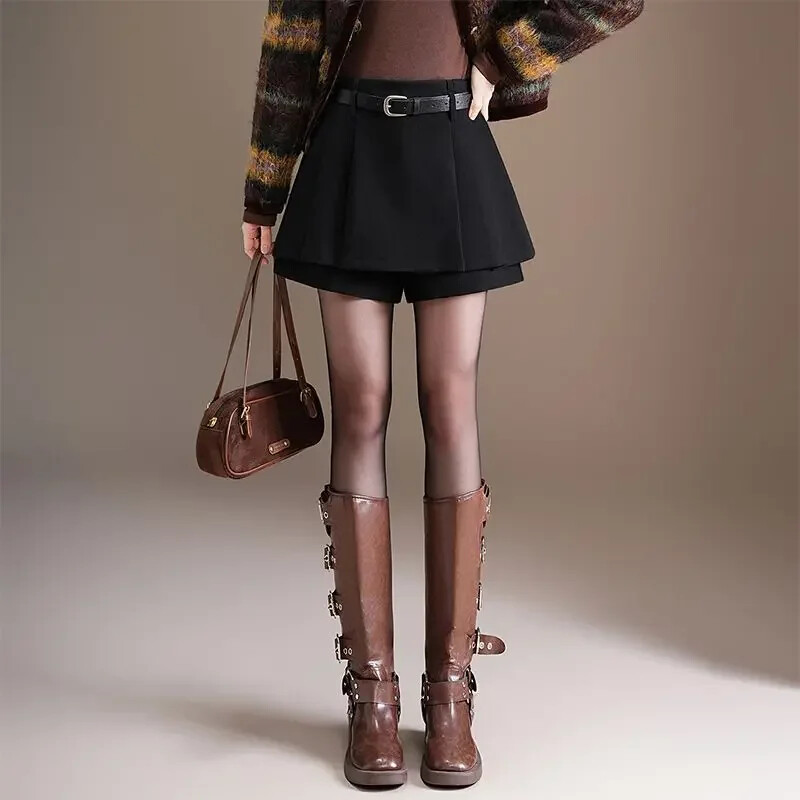 [해외] 심쿵 삐삐언니 여자 키작녀 치마 바지 슬림핏 블랙 3부 노출 반 겨울 하이웨스트 와이드 꾹4