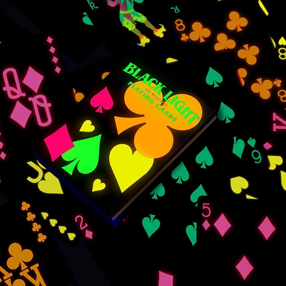 해외 Silipull UV 블랙 라이트 플레잉 카드 네온 형광 야광 놀이 덱 게임 카지노 나이트 수집가 파티 선물