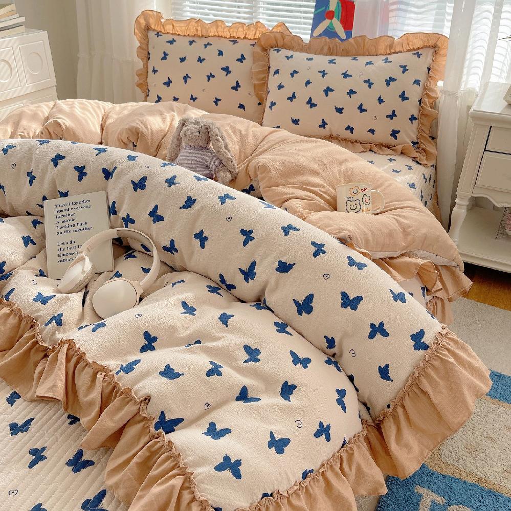 [해외] 프린세스 풍수 세탁 이중 실 4피스 세트  한국 레이스 퀼트 커버 비순수 면 시트 침대 침구 제품들은 사계