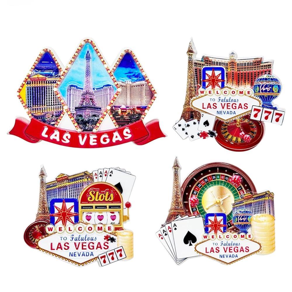 4팩 라스베이거스 냉장고 자석 - 포커 칩 주사위 슬롯 머신 성층권 타워 카지노 테마가 있는 3D 기념품