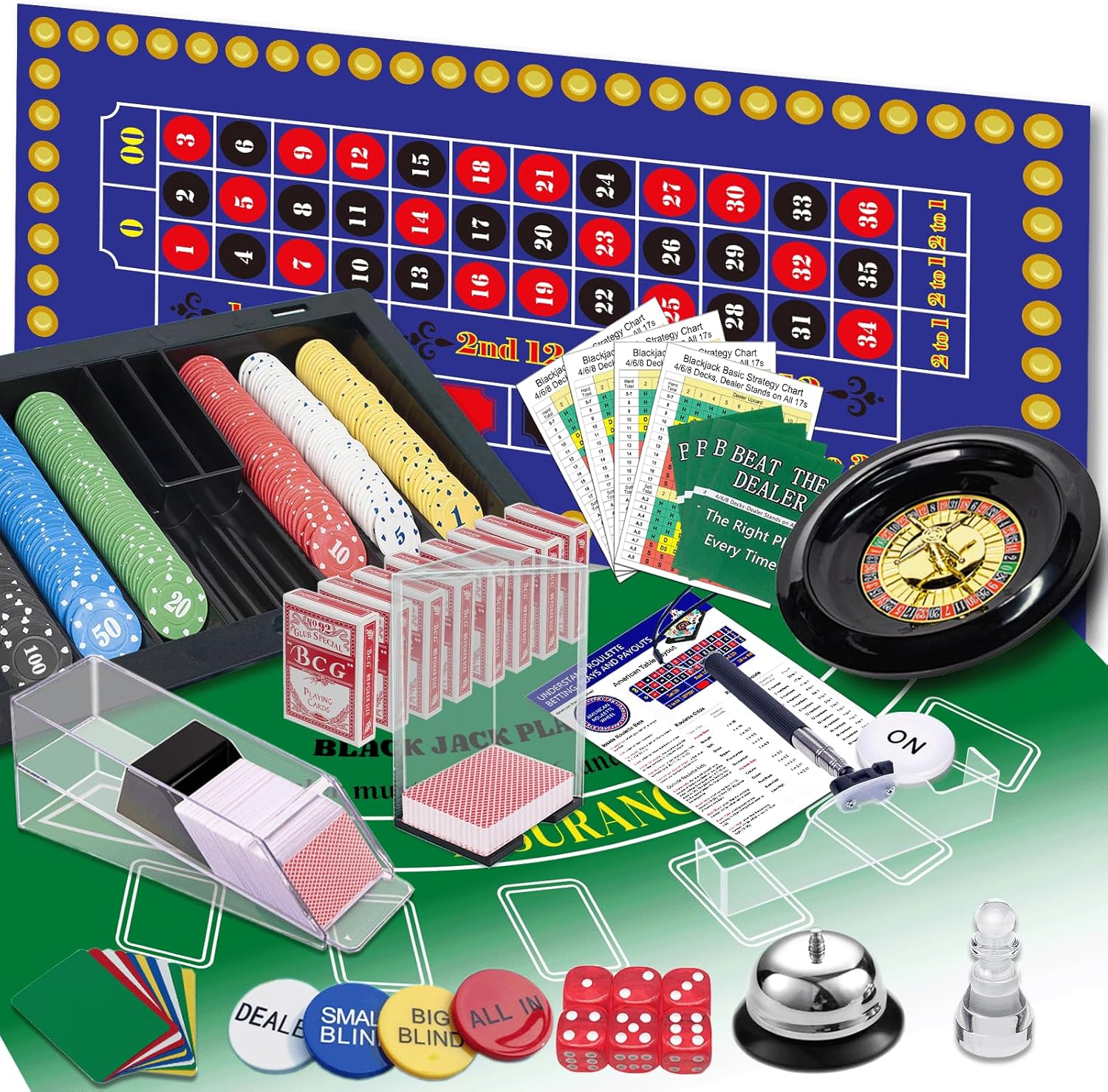 [오늘출발] 우드갓 5 in 1 슈퍼 카지노 게임 세트: 블랙잭 룰렛 크랩스 텍사스 홀덤 포커