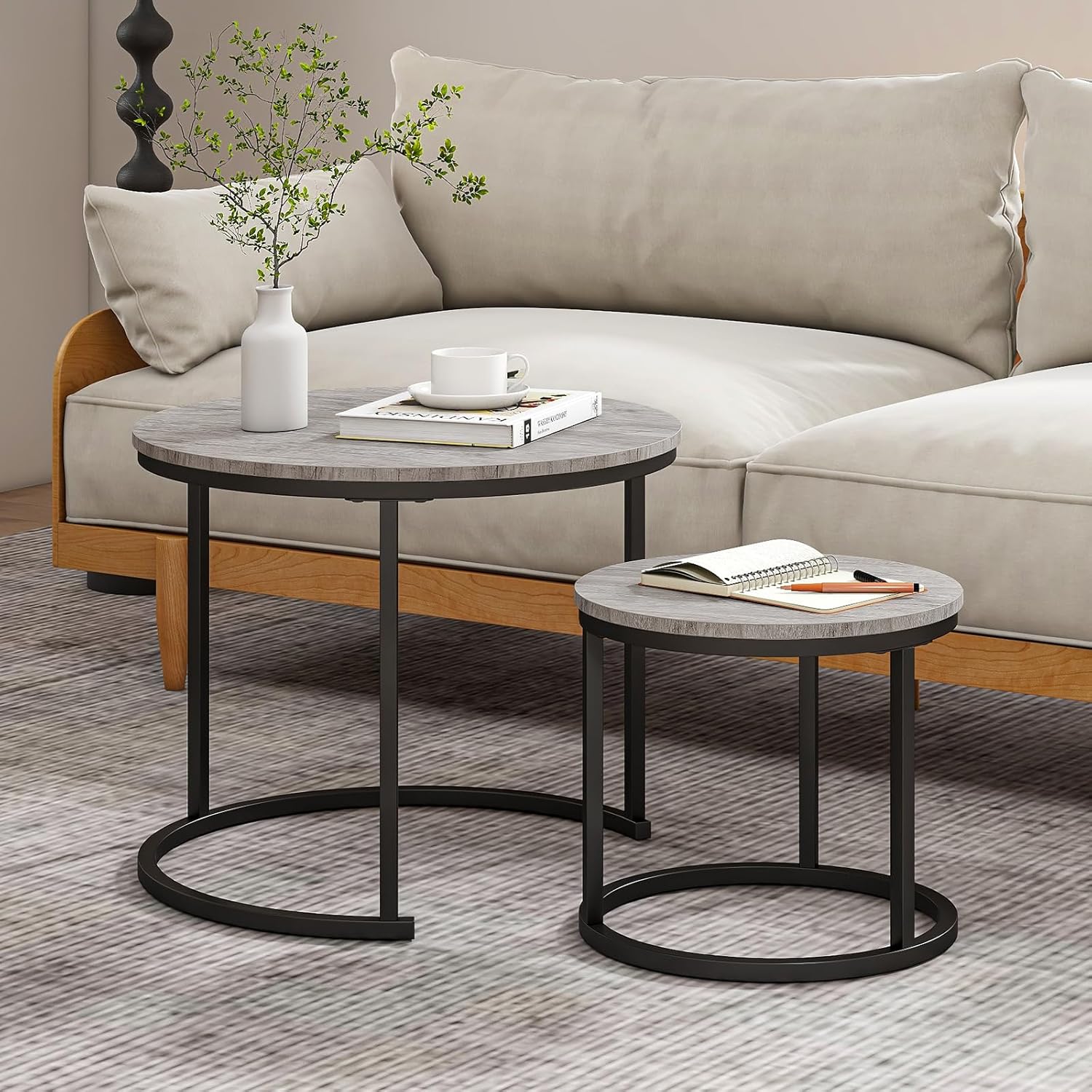 [오늘출발] 호진리네로 원형 커피 테이블 2종 세트 거실 블랙 스몰 네스팅 금속 프레임