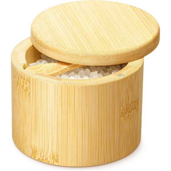 [해외] 소금병 뚜껑과 숟가락 포함 - 바닷소금 조각 홀더 대나무 저장고 자석 회전 뚜껑 및 내장 슬롯 조미료 용기