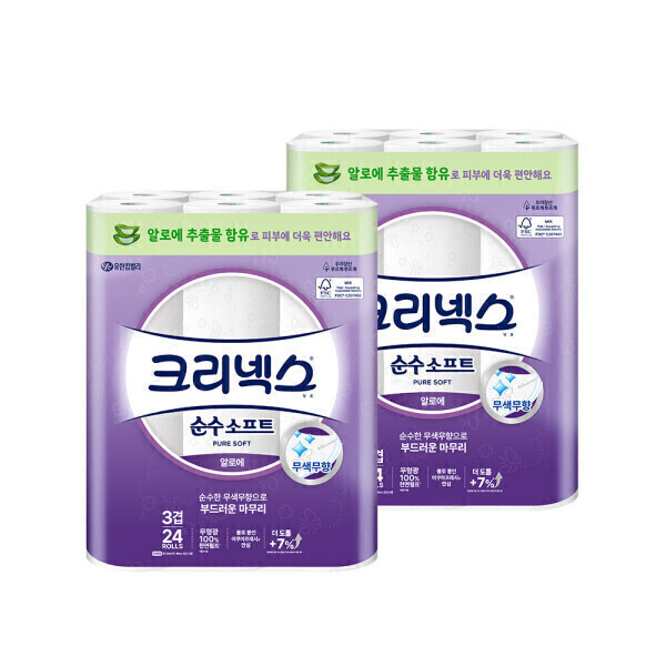 크리넥스 크리넥스 3겹 순수소프트 알로에 28MX24롤 2팩 화장지 휴지